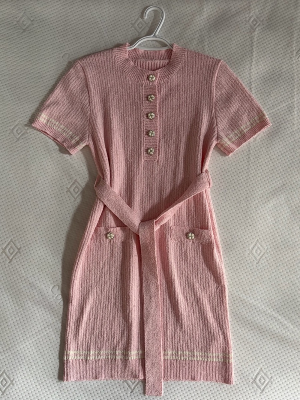 Pink Short-Sleeve Knit Dress with Belt